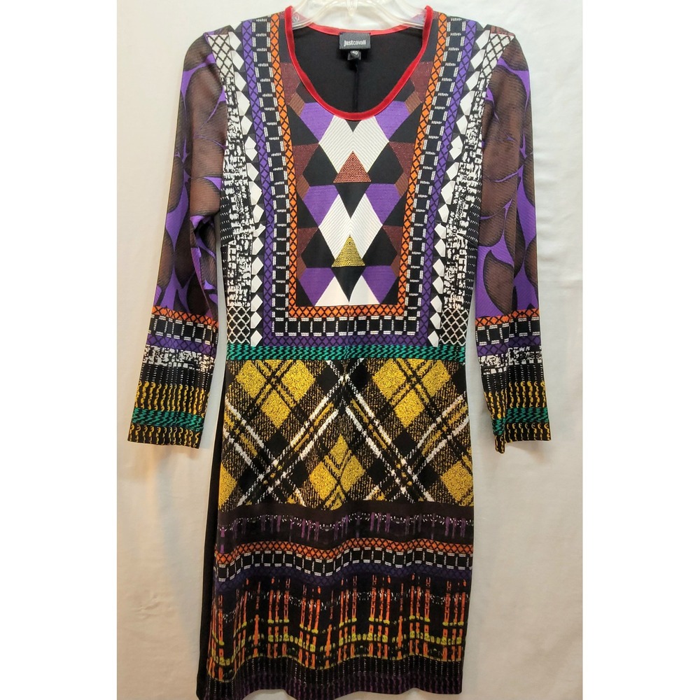 Just Cavalli Women Mixed Geometric Print Long Sleeve Dress Black Multi Size 40 - Picture 1 of 15